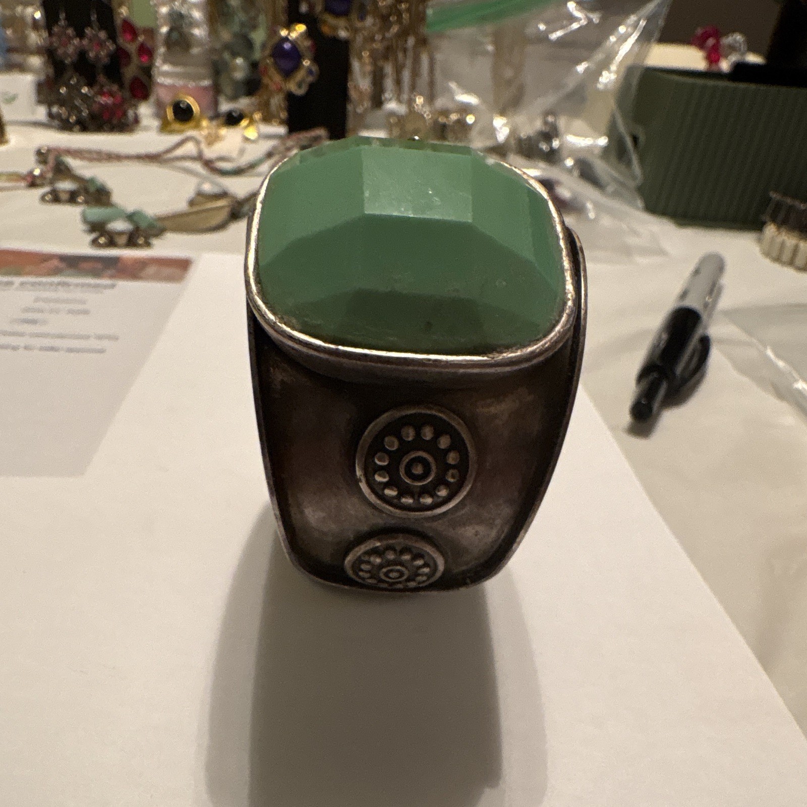 Lucky Brand Signed Silver Tone Cuff Bracelet 3 Green Cushion Bezel Stones gallery