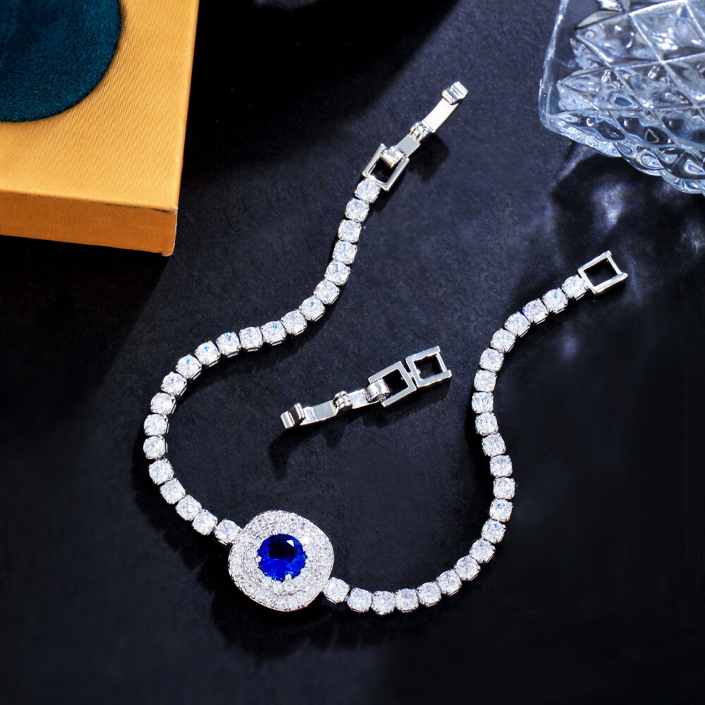 Micro Pave Square CZ Bracelet Green Blue Chain Round White Gold Plated Jewellery gallery