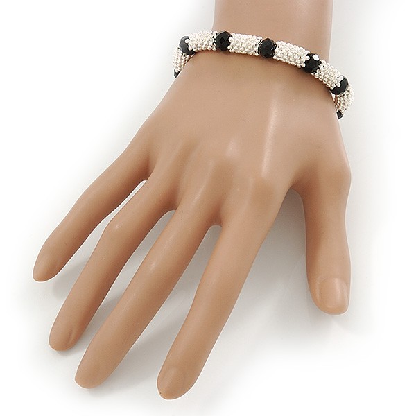 Silver Tone Snowflake Rings with Black Crystal Beads Flex Bracelet - 18cm L gallery