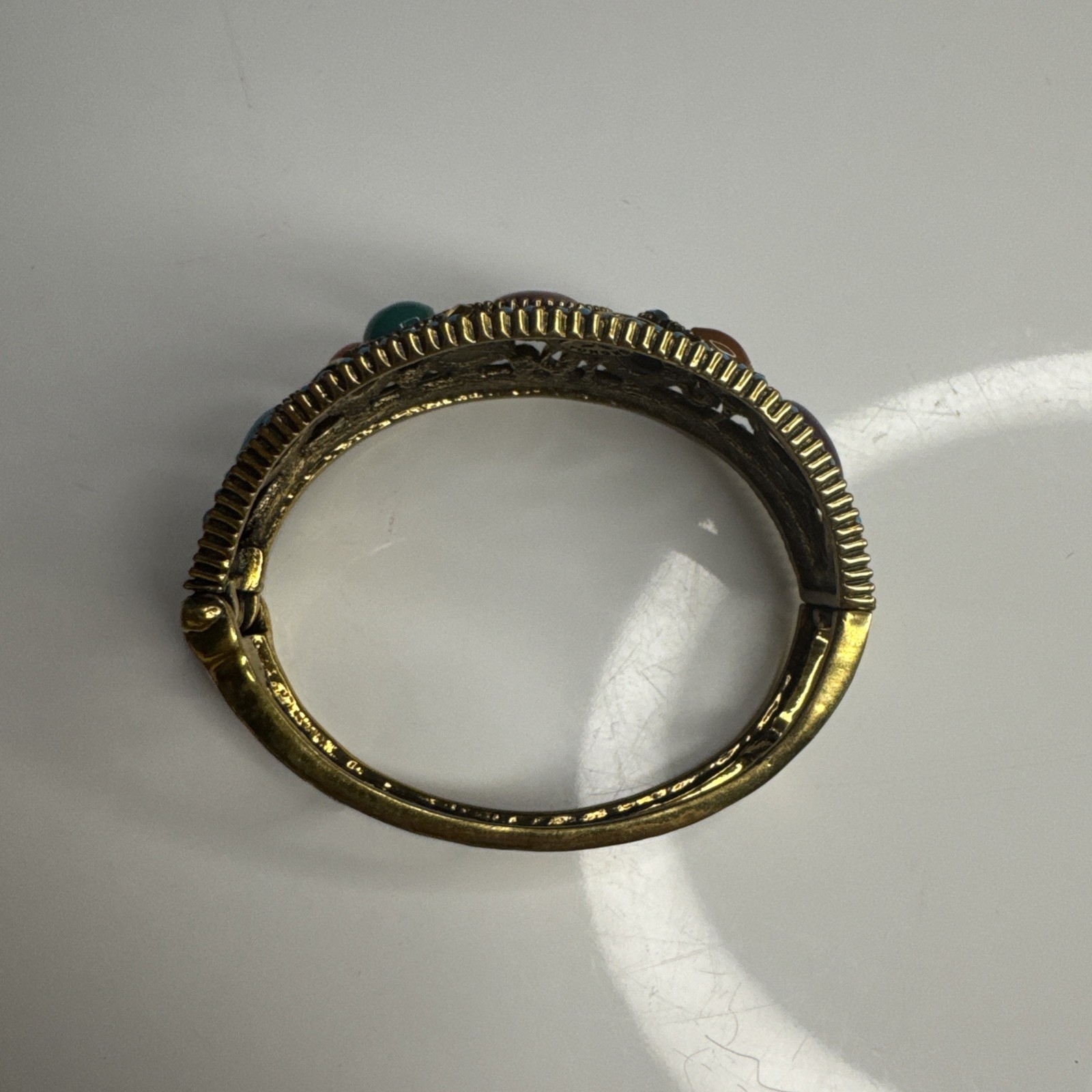 Gorgeous multi color rhinestone on copper tone clamper hinged bracelet by Yuhong gallery