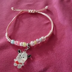 Beaded Cord Adjustable Bolo Charm Bracelet Dangle Cow Animal Pink/Multicolor