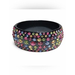 Wide Black Resin Rhinestone Bangle Bracelet Multicolor Crystal Cuff Statement