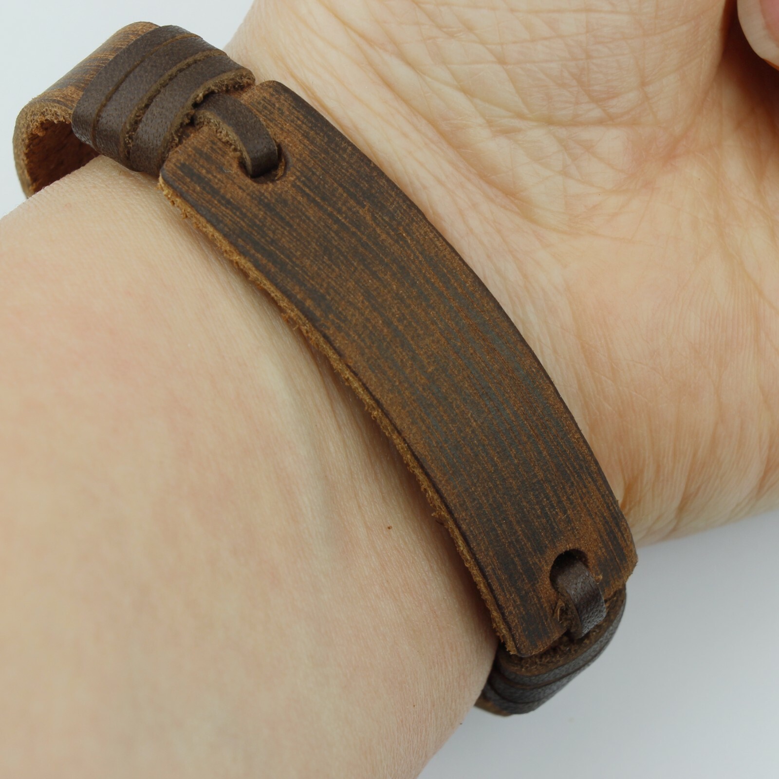 Fashion MEN / Women Engrave Bar Brown Genuine Leather Bracelet Bangle 7-8" gallery
