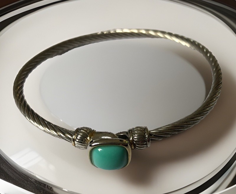 Threaded Bangle Square 3/8” Aqua Stone Hook Closure Twisted Cable Easy On & Off gallery