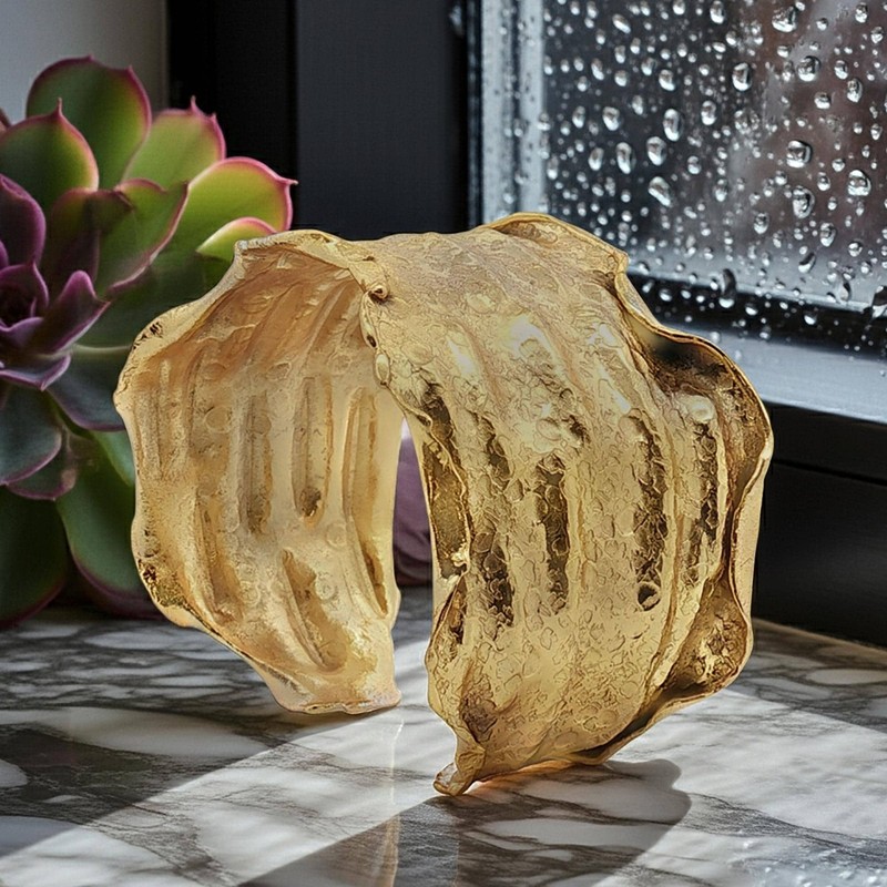24K Gold Overlay Cuff Copper Base Torn Edge Crinkled Design Statement gallery