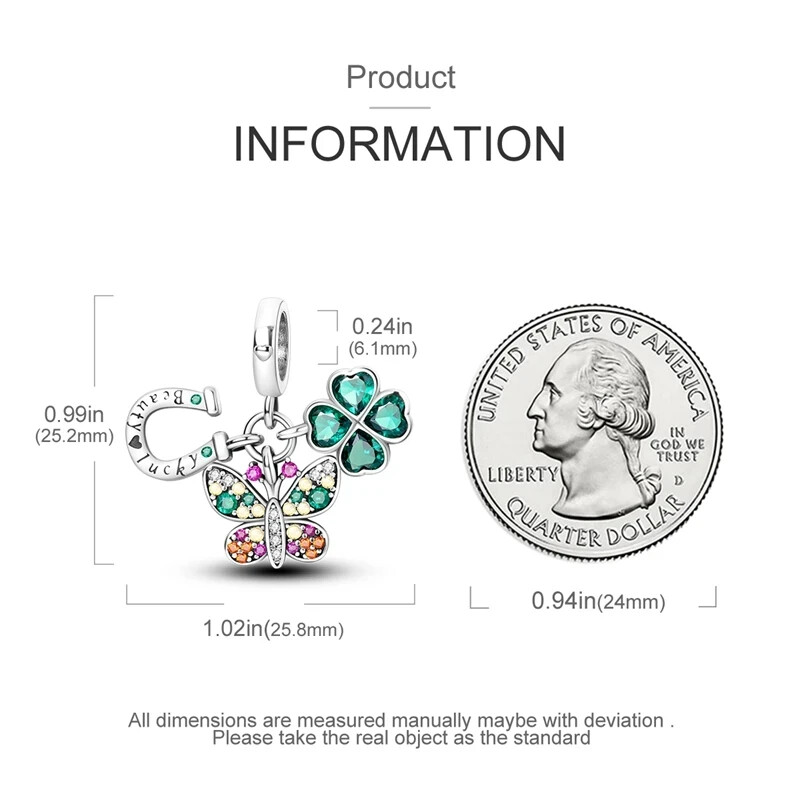 4 LEAF CLOVER SHAMROCK LUCKY HORSESHOE BUTTERFLY STERLING SILVER BRACELET CHARM! gallery