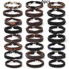6Pcs Vintage PU Leather Braided Bracelet Set Adjustable Woven Wrap Jewelry