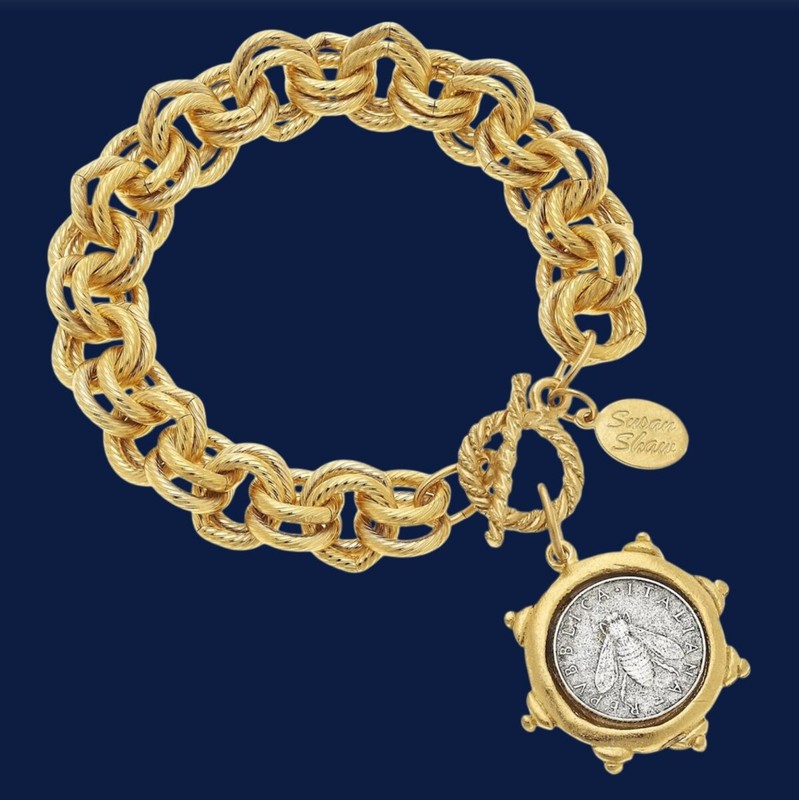 Susan Shaw Jewelry Gold Florence Bee Coin Double Link Chain Bracelet 24k TPG gallery