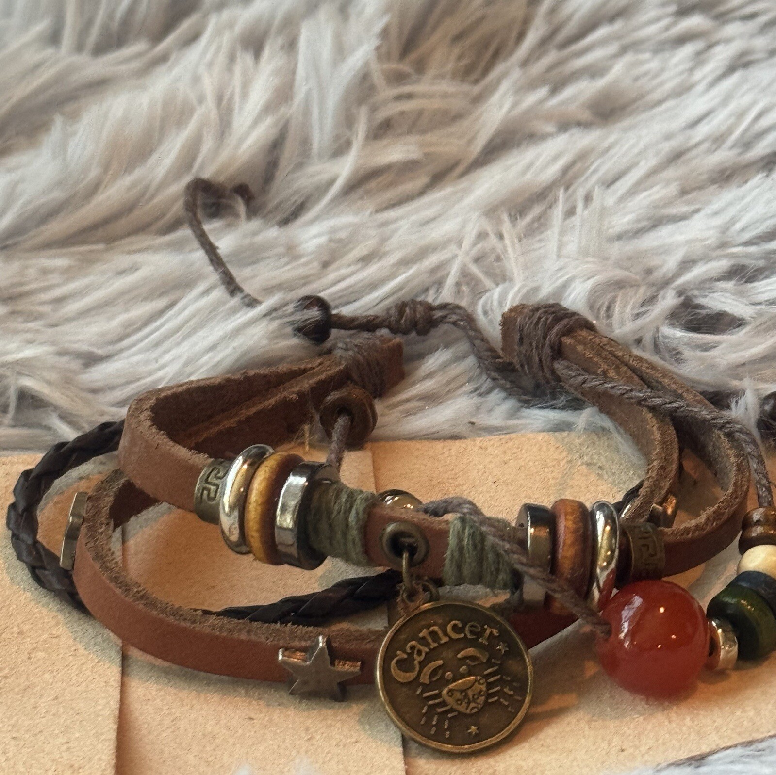 BOHO CANCER Leather 4 Layer Wood Metal Glass bread Bracelet Adjustable Unisex gallery
