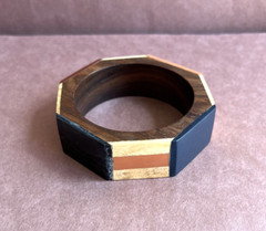 Eight Sided Wood Grain Bangle Bracelet With Resin Front Panels