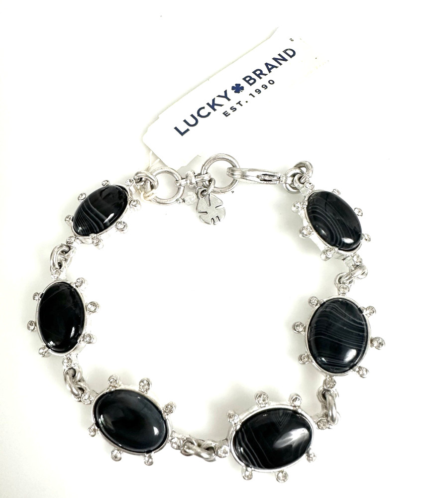 Lucky Brand Silver-Tone Black Agate Stone Pavé Flex Bracelet NWT