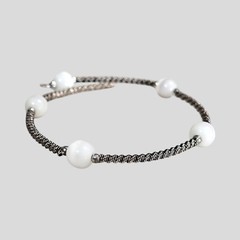 Memory Wire Coil Cuff Bangle Bracelet White Beads One Size Fits Most