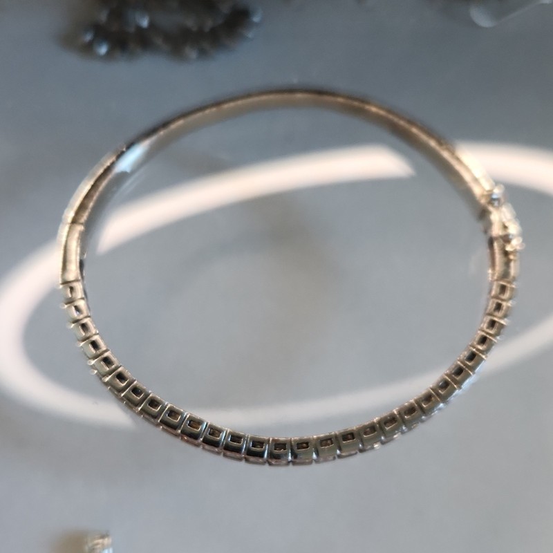 Silver 925 Tennis Bangle Bracelet Channel-Set Push Lock Closure Round gallery
