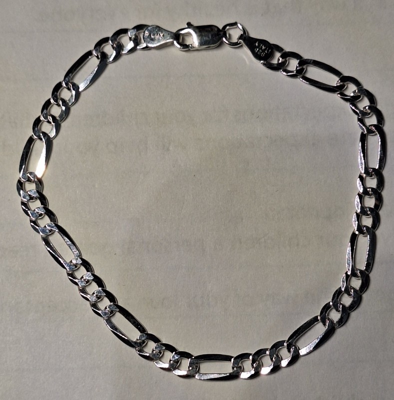 PLUX 925 Sterling Silver Figaro Chain Bracelet 7.5", Lobster Clasp, Signed gallery
