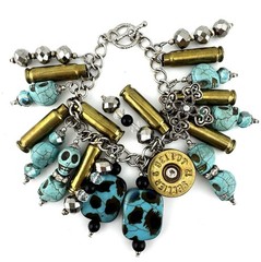 Gothic Charm Bracelet Bullet Casing Skull Charms Turquoise Look 8”