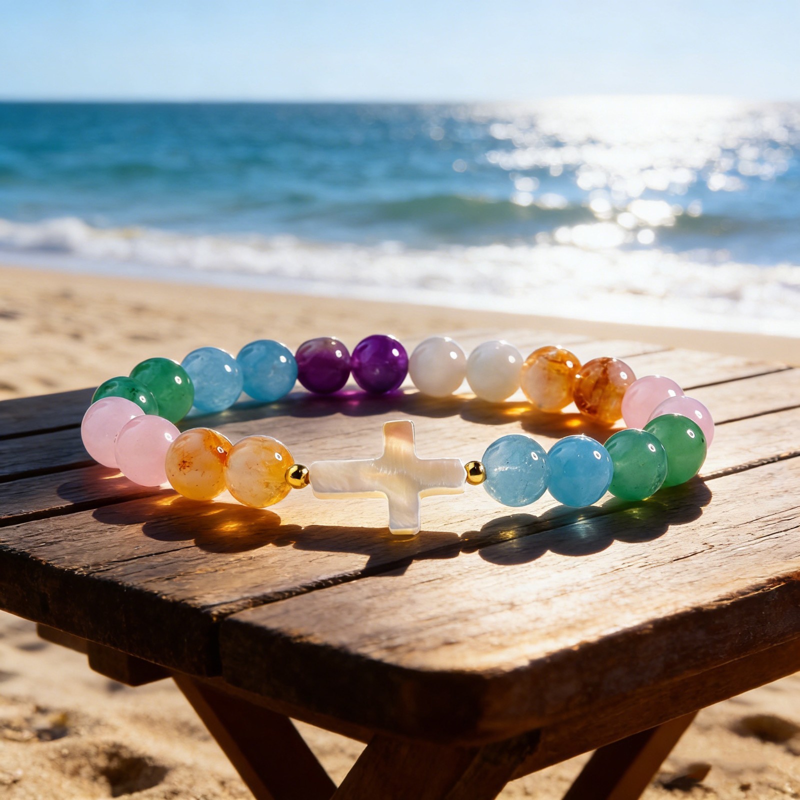 Multi-gem Easter Stretch Bracelet Mother of Pearl Cross Healing Jewelry for Mom gallery