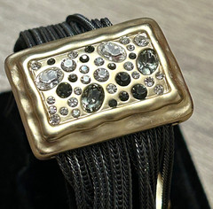 Unique 14 Strand Chain Bracelet w/Rhinestone & Gold Tone Metal Tile