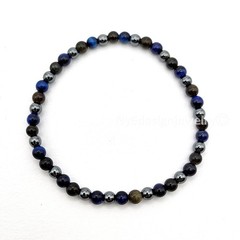 Navy Blue Tiger Eye, Black Obsidian Metallic Gray Hematite Beaded Bracelet 7.5″