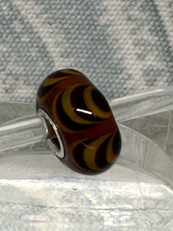 Authentic Trollbeads OOAK Dark Brown & Mustard Yellow Scallops on Brown UU, New gallery