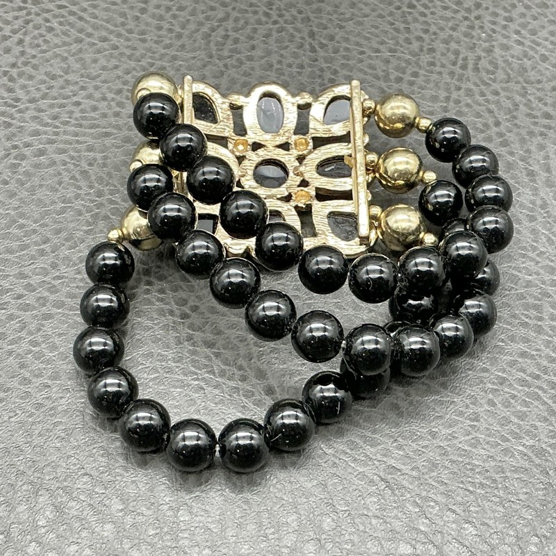 Bracelet Black Beaded Gold Tone Flower Stretch Womens 7 In Fashion Jewelry gallery