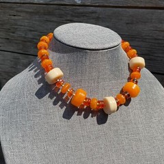 16″ Acrylic Orange Cream Clear Acrylic Barrel Bead Hong Kong Necklace Hook Clasp