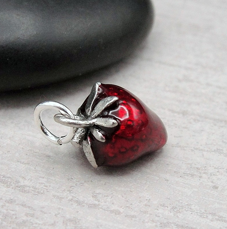 Red Strawberry Charm - 3D Strawberry Charm - Silver and Red Strawberry Pendant
