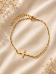 Stainless Steel Cable Chain Cross Dangle Charm Adjustable Bracelet