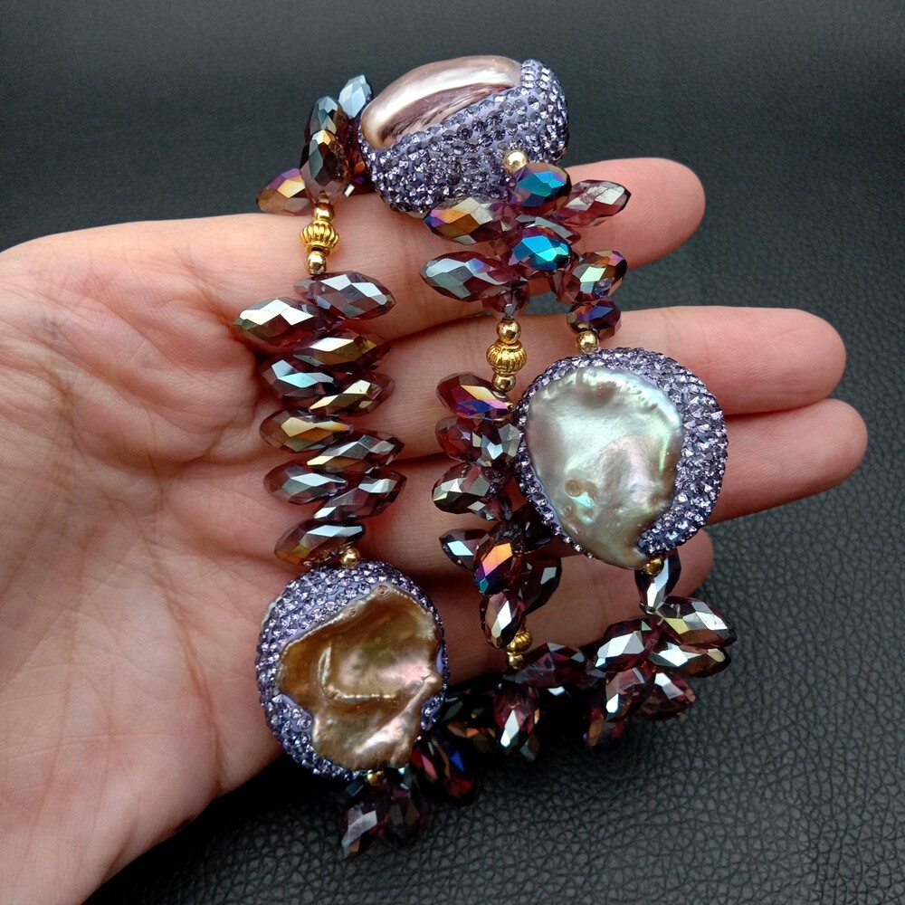 3 Rows Purple Keshi Pearl Crystal Bracelet 8" gallery