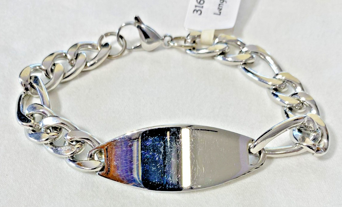 316L Stainless Steel Silver Tone Figaro ID Bracelet 18 mm x 9" Engraveable NOS gallery