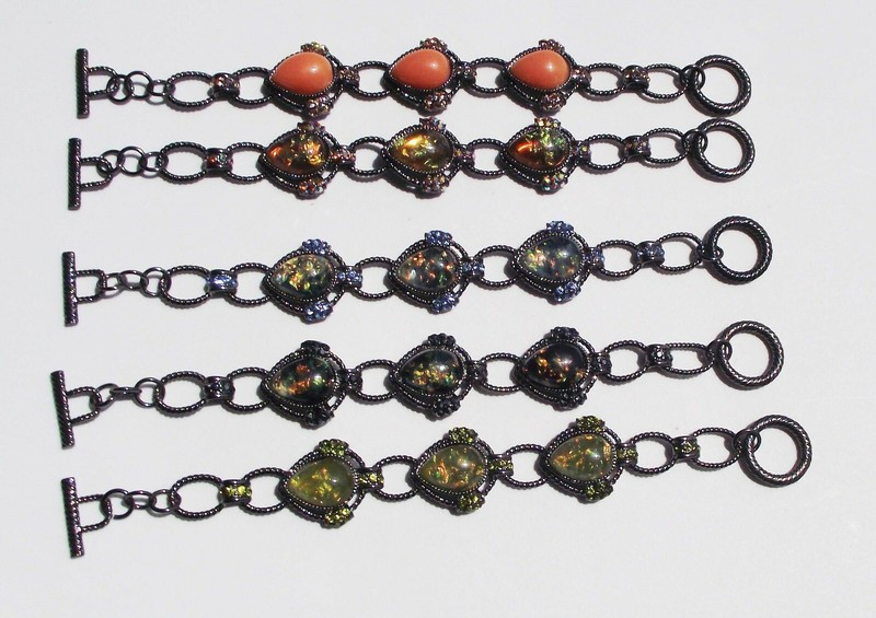 DESIGNER INSPIRED 7.5 IN BLACK BLUE GREEN GOLD ORANGE FAUX OPAL TOGGLE BRACELET gallery