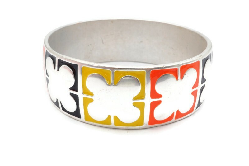 Bangle Bracelet Silver Tone Enamel Yellow Black 7.75" gallery
