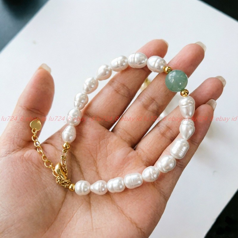 Natural 9-10mm White Freshwater Rice Pearl Green Dongling Jade Bracelet 7-9in gallery