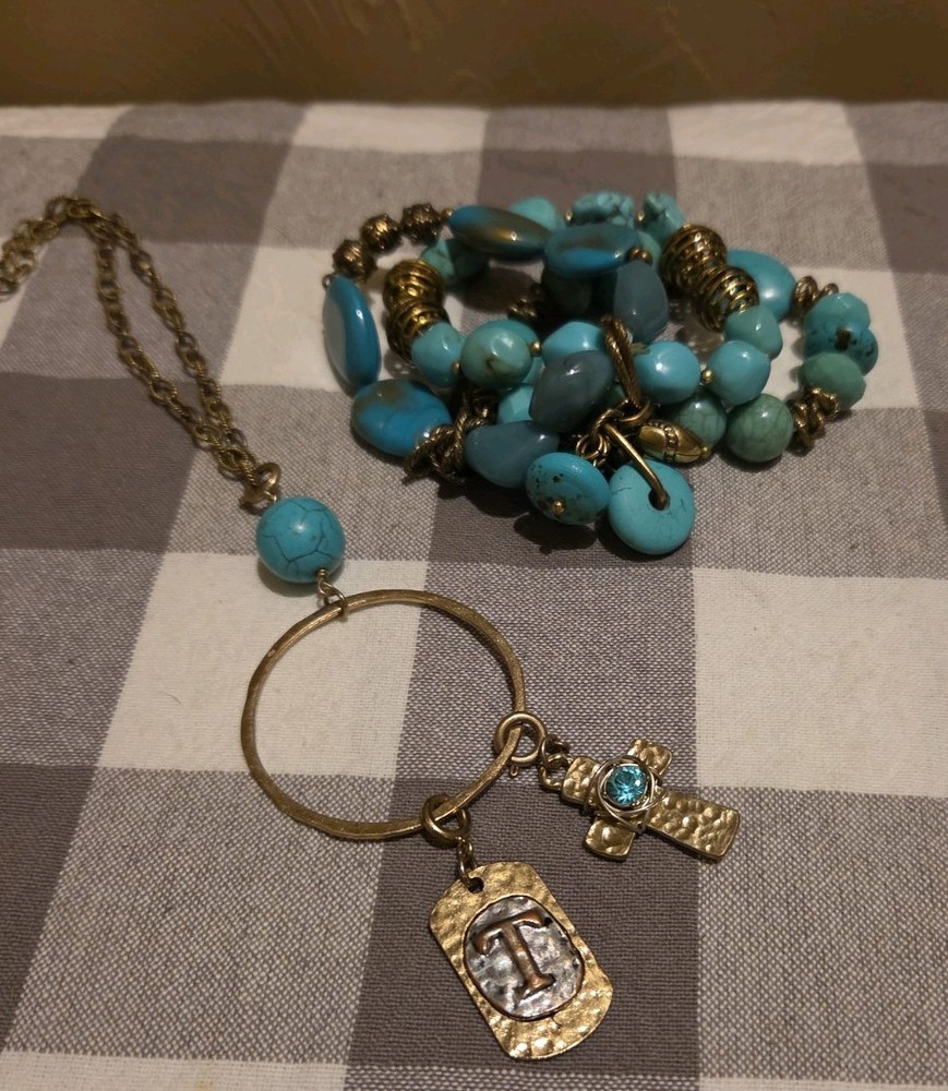 Chico's Skye Turquoise Bracelet 3 Strands & Necklace Turquoise Ball Charms Cross