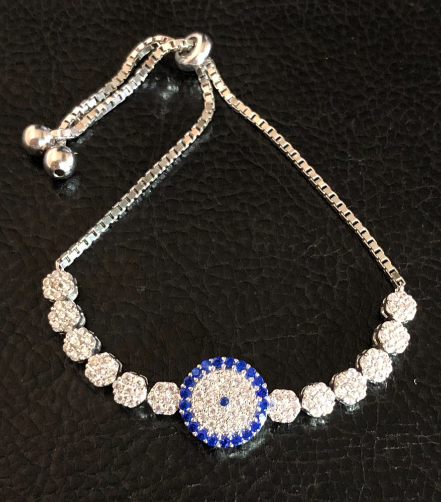 Sterling Silver CZ Bolo Bracelet Blue Halo 925 JTV Bella Adjust 4-9" 7g 3277
