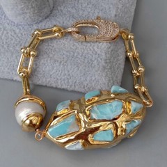 8″ Cultured White Keshi Pearl Blue Larimar Gold Plated Chain Bracelet