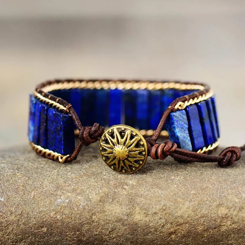 Natural Lapis Lazuli Tube Beads Genuine Leather Handmade Women Men Bracelet Gift gallery