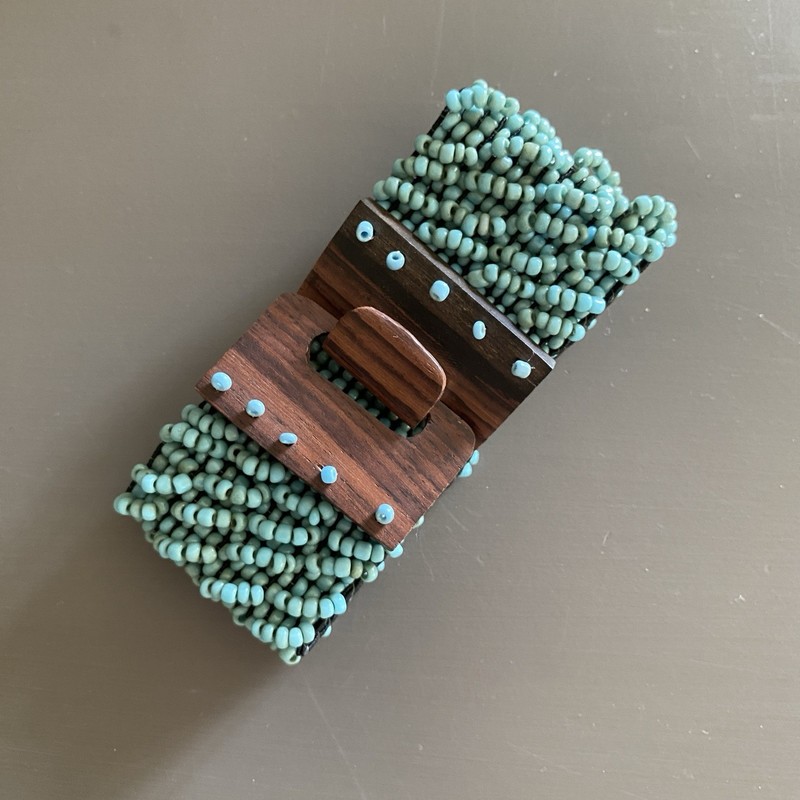 Turquoise Blue Glass Seed Bead Wood Stretch Bracelet Boho 4.5 cm Wide 21 cm Long gallery