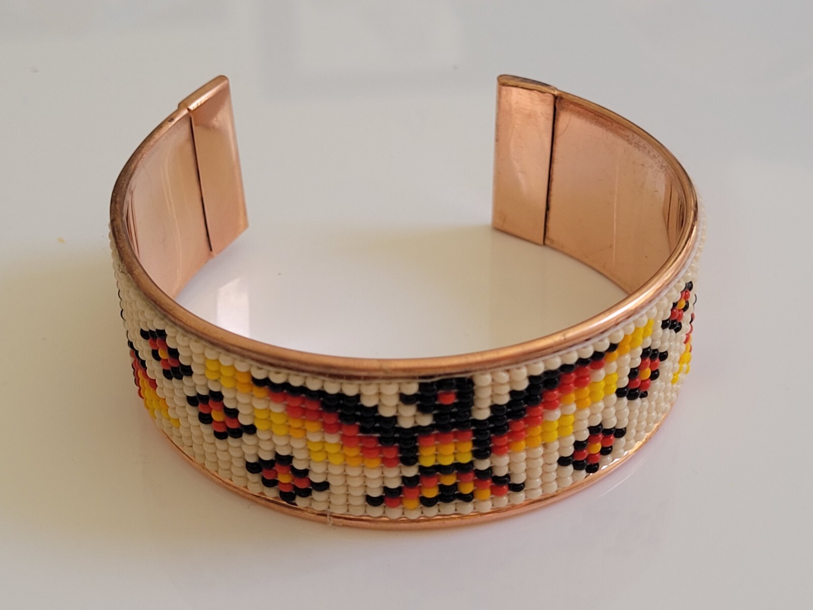 Native American Style Copper Seed Beaded Bracelet Cuff Beige Thunderbird gallery