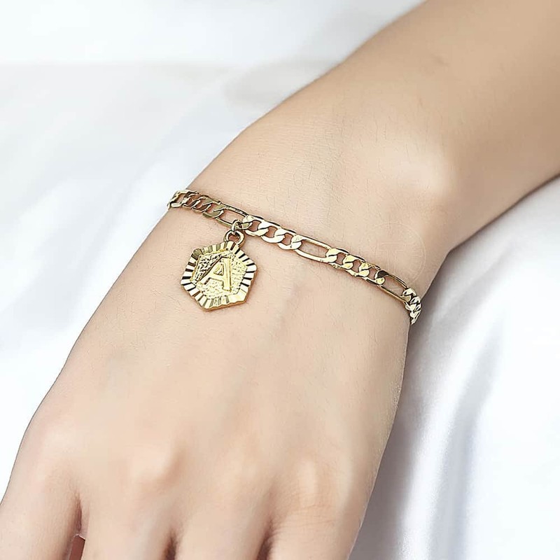 Womens A-Z Initial Letter Charm Bracelet Anklet Gold Plated Figaro Chain gallery