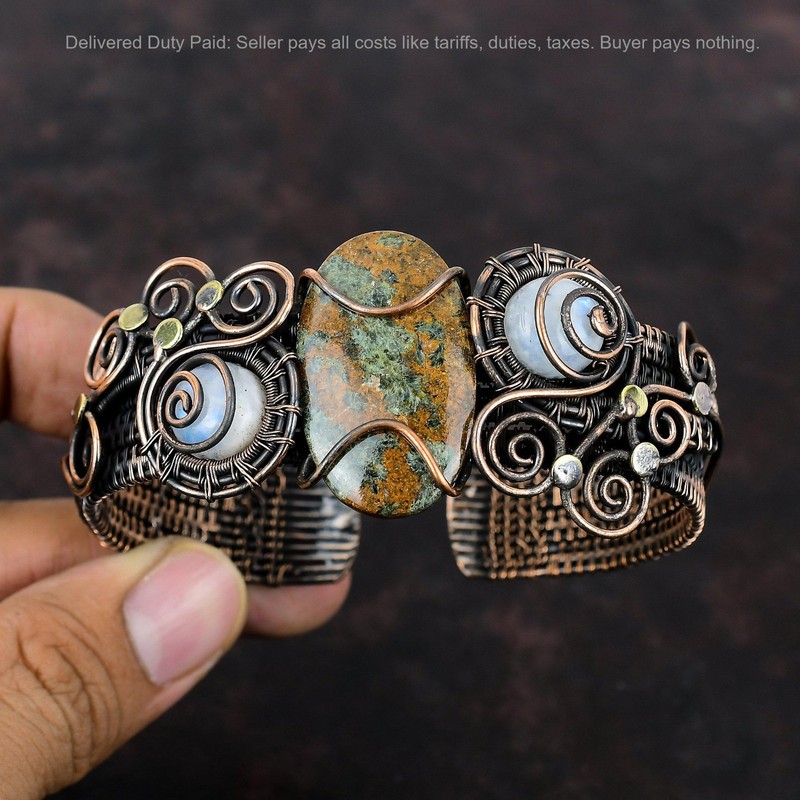 Spessartine Garnet in Limestone Stone Rainbow Moonstone Boho Cuff Jewelry Copper gallery