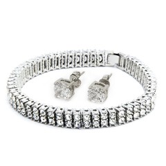 Mens Silver Plated Clear Cubic-Zirconia Stones 2 Row Hip Hop Bracelet 8″