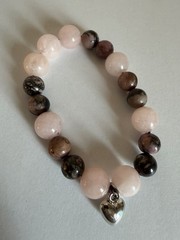 Pink and Brown Round Stone Beaded Stretch Bracelet, Heart Dangle Charm