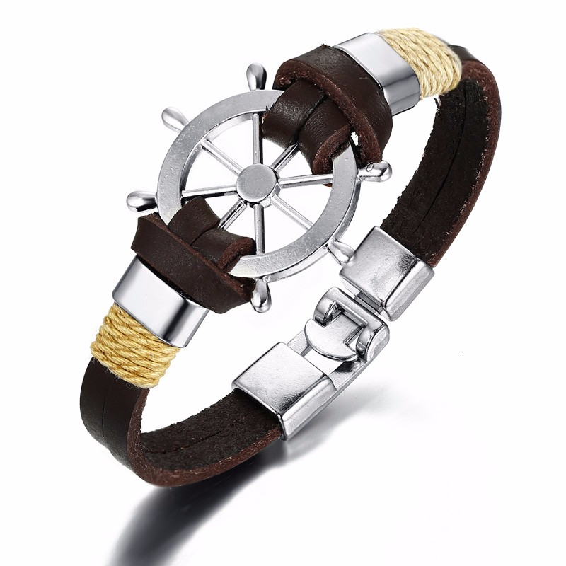 Mens Nautical Rope Bracelet Anchor Helm Retro Black Brown Leather Style Jewelry gallery