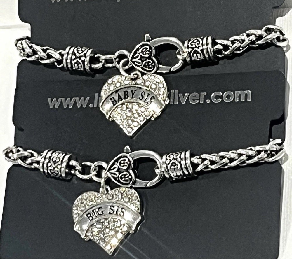 Sister Bracelets Inspired Silver “Baby Sis” “Big Sis” Clear Stones New