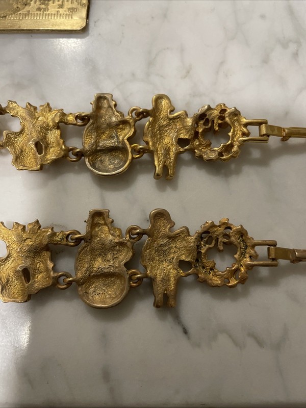 2 Vintage Gold Tone Christmas Clasp Bracelet AJC Santa Snowman Wreath Bells gallery