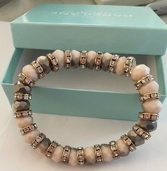 Park Lane Pink Gray Beaded Stretch Bracelet Goldtone Clear Crystals