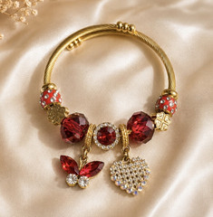Gold Tone Charm Bangle Bracelet w/ Red/Clear Crystal Heart Butterfly