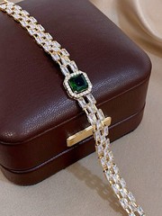 Gold Tone Bracelet Green Gemstone Baguette Style Crystal Elegant Minimal Jewelry