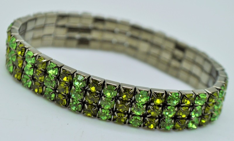 3Row green &olivine multi color Rhinestone Black nickel Stretch fashion Bracelet gallery