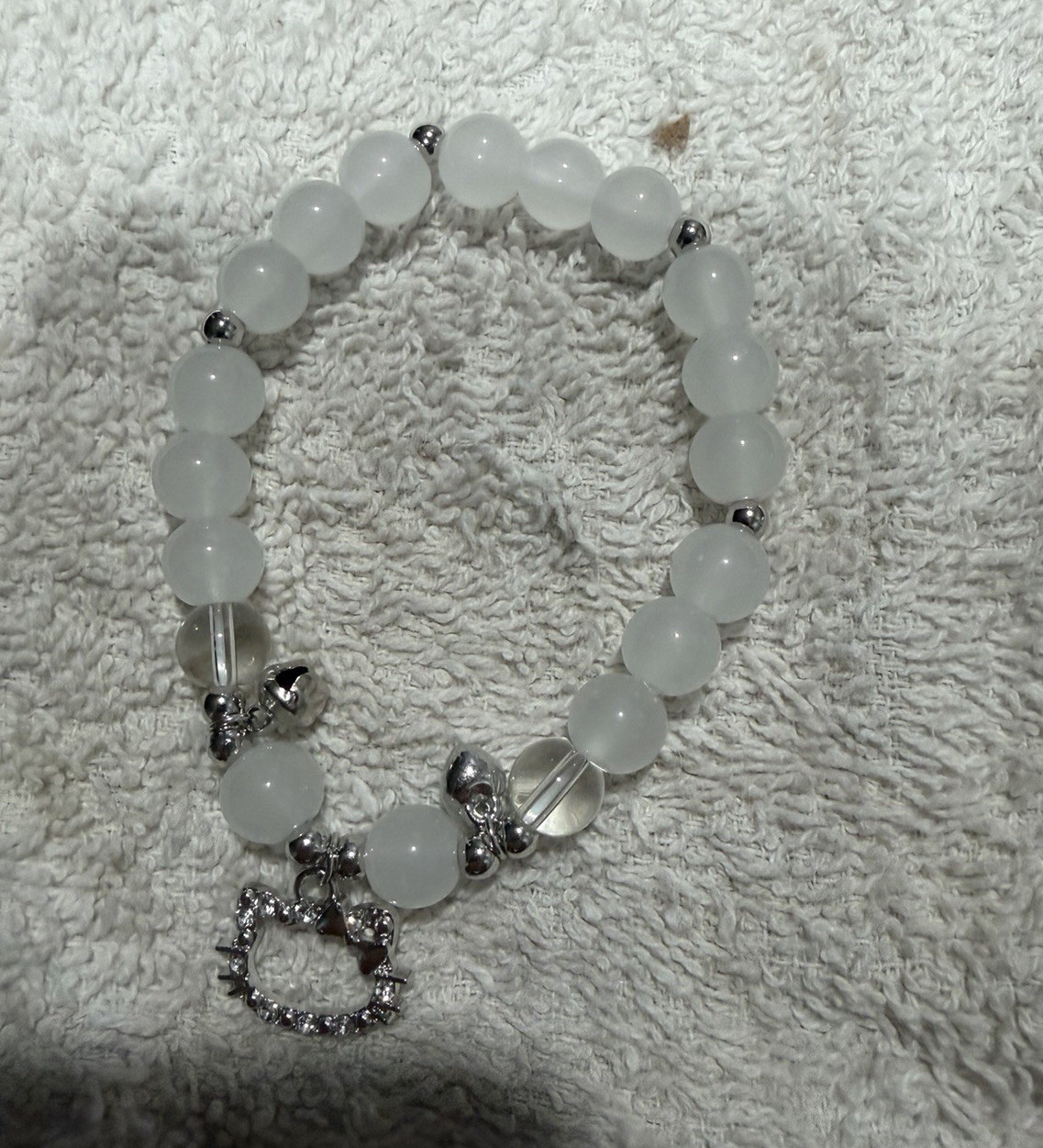 Sparkly Rhinestone Kitty Charm Bracelet - Milky White Frost Beads gallery